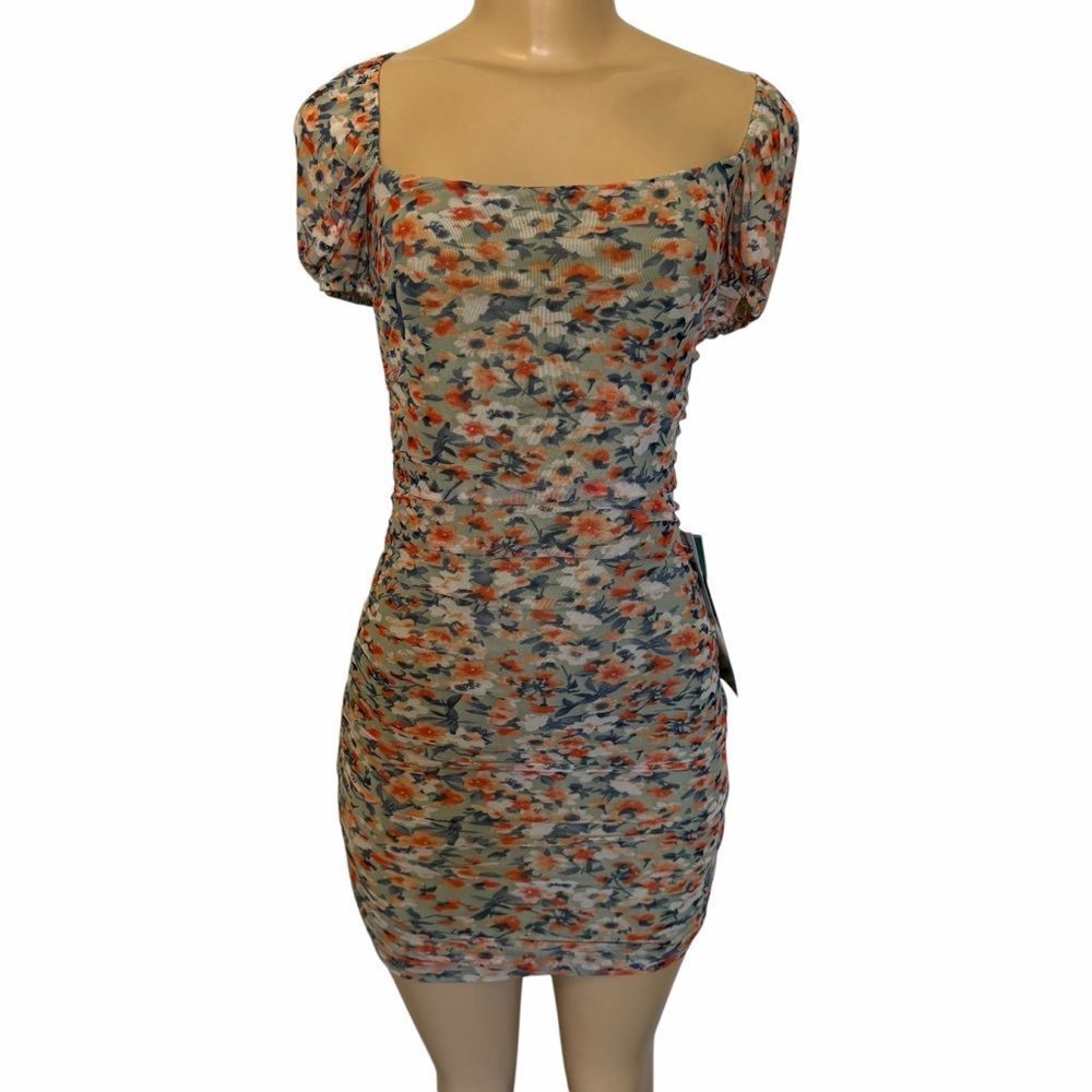 NWT Floral Sage ruched lined cap sleeve back zip springtime mini Dress 9 medium